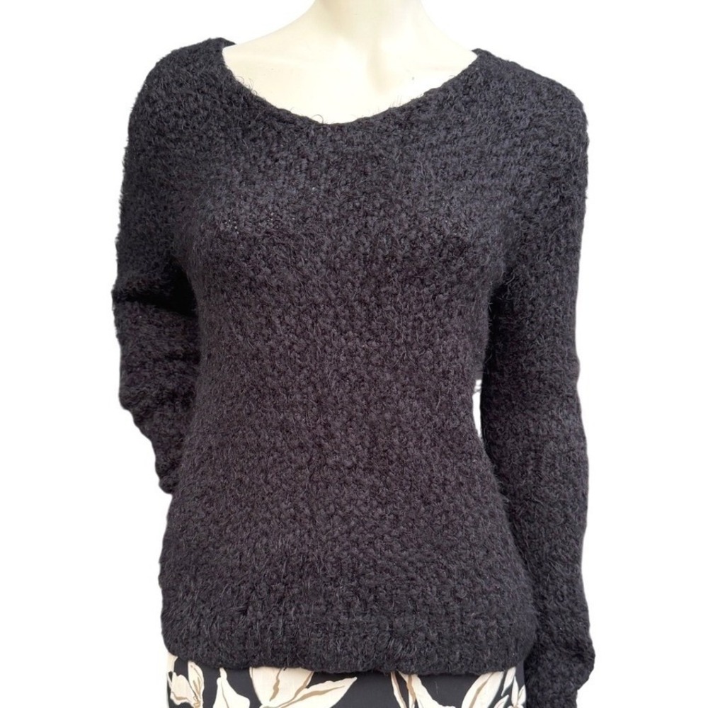 Kenneth Cole Reaction Fuzzy Knit Sweater Black Scoop Neck Minimalist Academia S